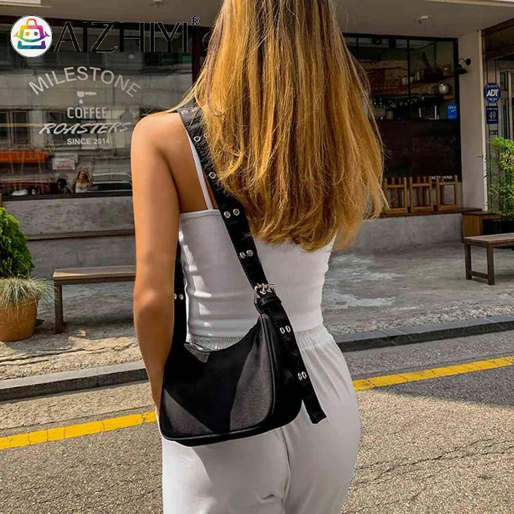 INS Women Reviet Wide Strap Shoulder Bag Casual Nylon Crossbody Travel Bag