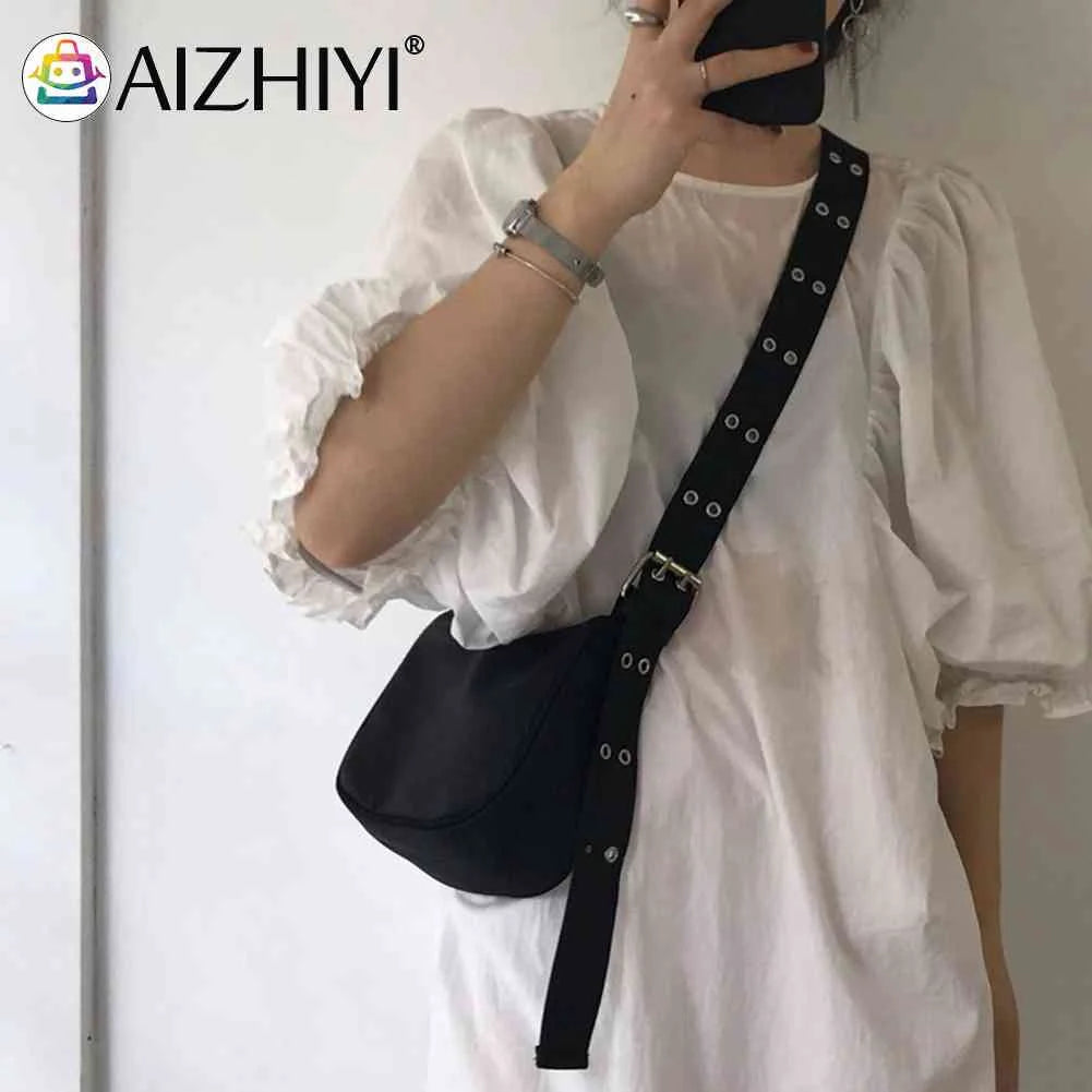 INS Women Reviet Wide Strap Shoulder Bag Casual Nylon Crossbody Travel Bag