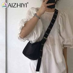 INS Women Reviet Wide Strap Shoulder Bag Casual Nylon Crossbody Travel Bag