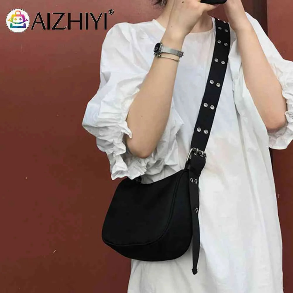 INS Women Reviet Wide Strap Shoulder Bag Casual Nylon Crossbody Travel Bag