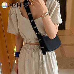 INS Women Reviet Wide Strap Shoulder Bag Casual Nylon Crossbody Travel Bag