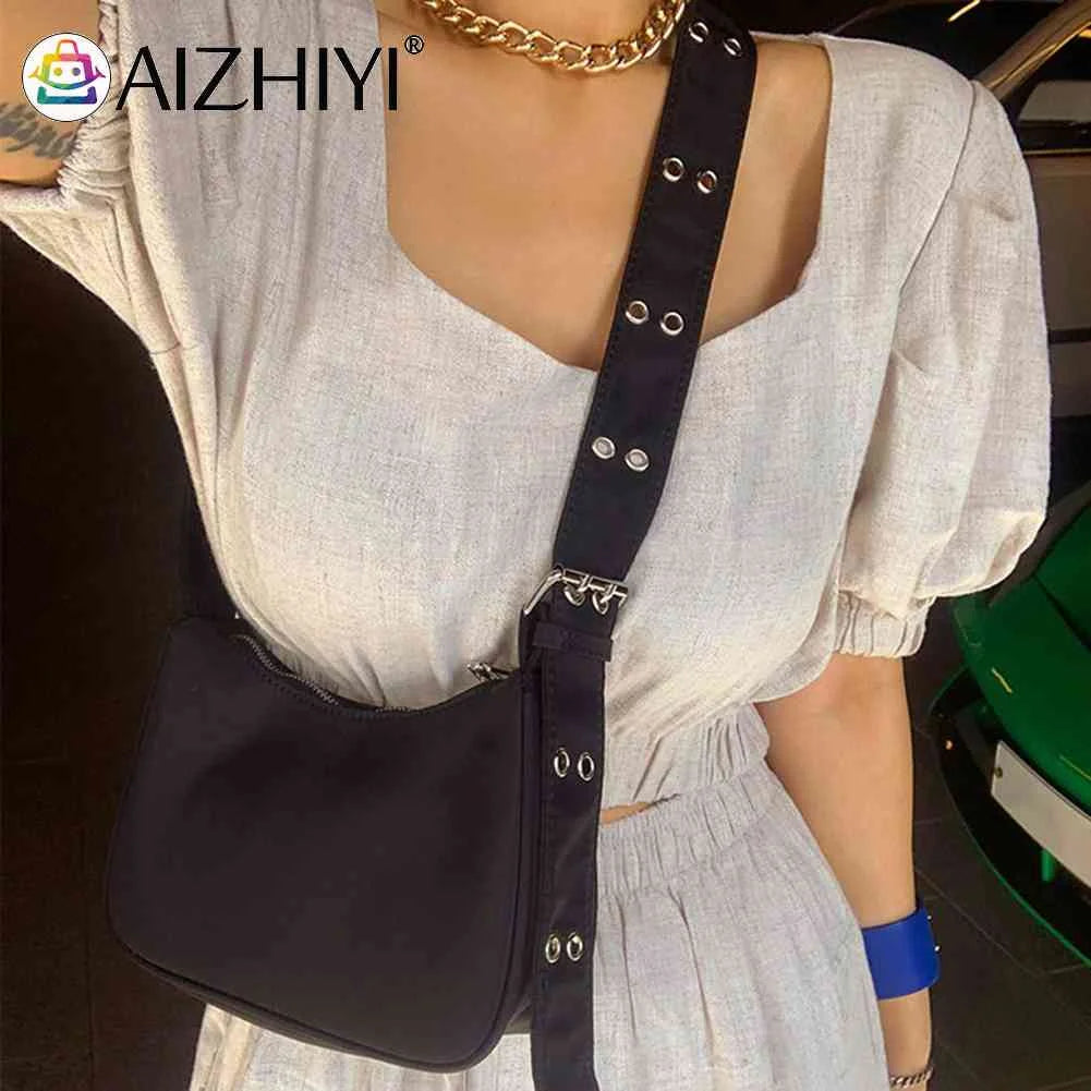 INS Women Reviet Wide Strap Shoulder Bag Casual Nylon Crossbody Travel Bag