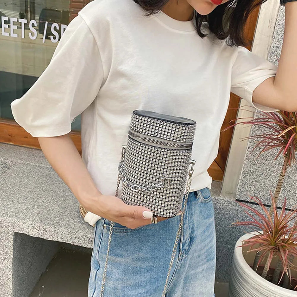 INS Women's Diamond Bucket Handbag Rhinestone Crystal Chain Shoulder Bag