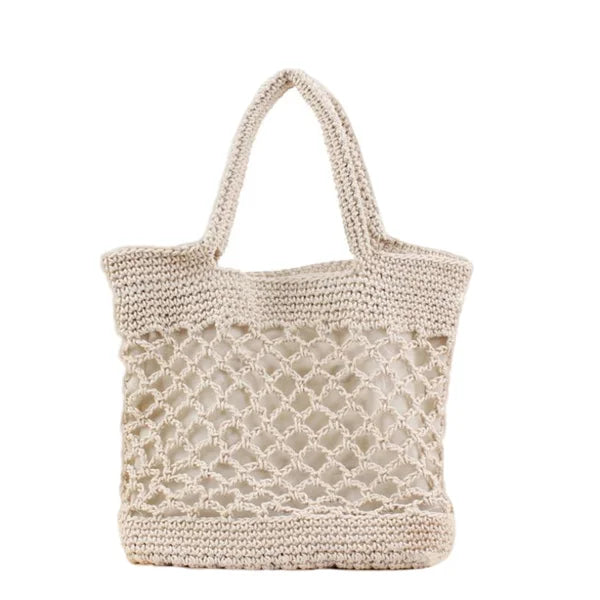 Portable Foldable Beach Bag for Women Solid Cotton Crochet Straw Bag