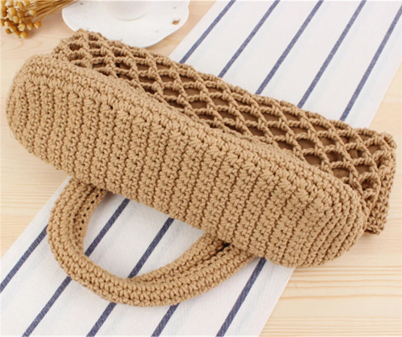Portable Foldable Beach Bag for Women Solid Cotton Crochet Straw Bag