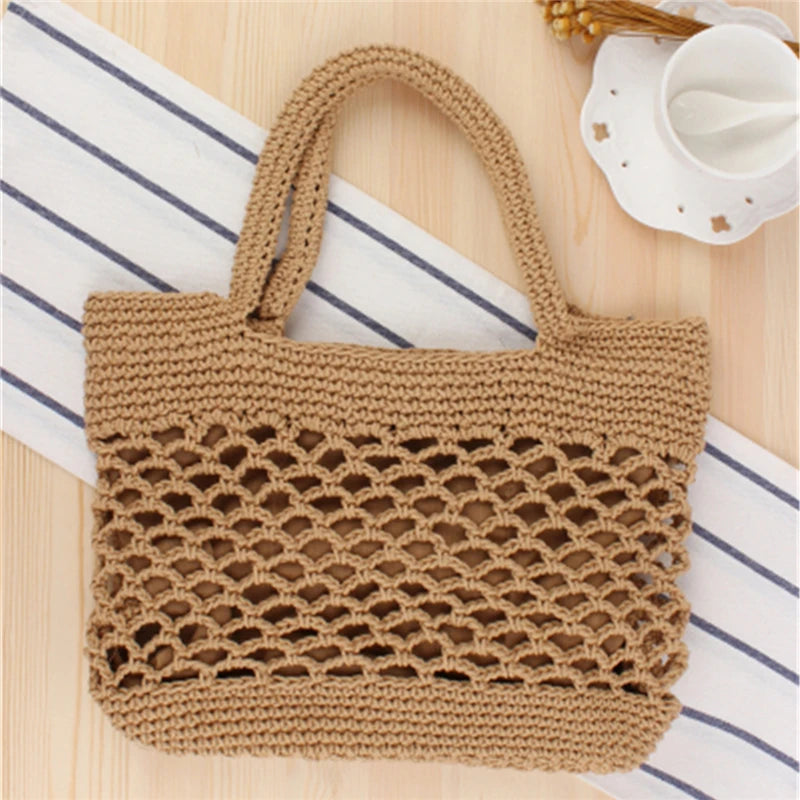 Portable Foldable Beach Bag for Women Solid Cotton Crochet Straw Bag