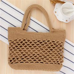 Portable Foldable Beach Bag for Women Solid Cotton Crochet Straw Bag