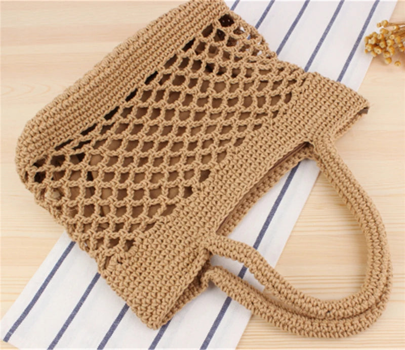 Portable Foldable Beach Bag for Women Solid Cotton Crochet Straw Bag