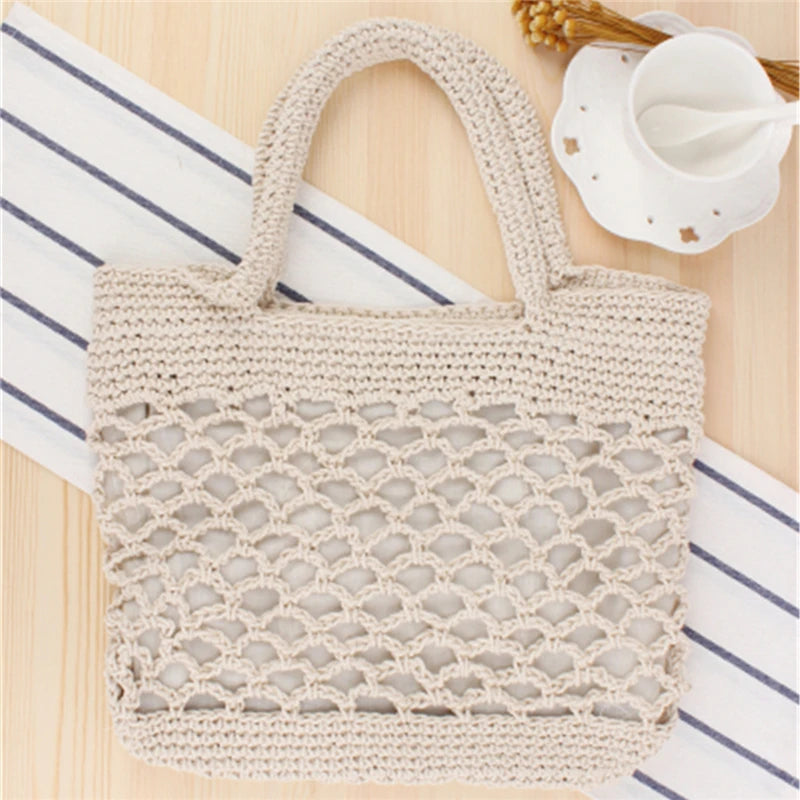 Portable Foldable Beach Bag for Women Solid Cotton Crochet Straw Bag