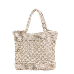 Portable Foldable Beach Bag for Women Solid Cotton Crochet Straw Bag