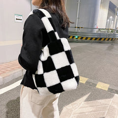 INS Women Checker Print Shoulder Bags Soft Plush Bucket Bags Winter Travel Bag