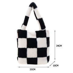 INS Women Checker Print Shoulder Bags Soft Plush Bucket Bags Winter Travel Bag