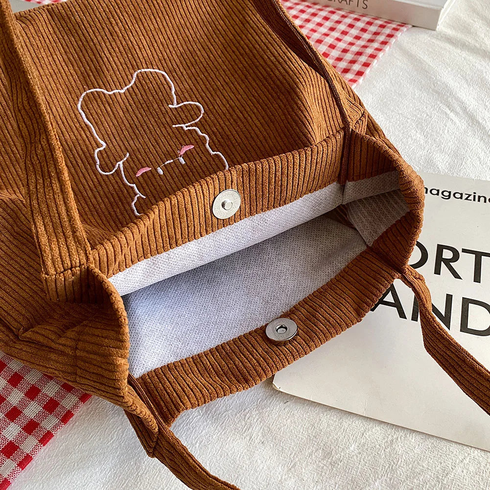 Women Corduroy Shoulder Bag Canvas Bucket Bag Cartoon Bear Print Hand Bag
