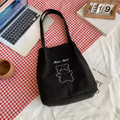 Women Corduroy Shoulder Bag Canvas Bucket Bag Cartoon Bear Print Hand Bag