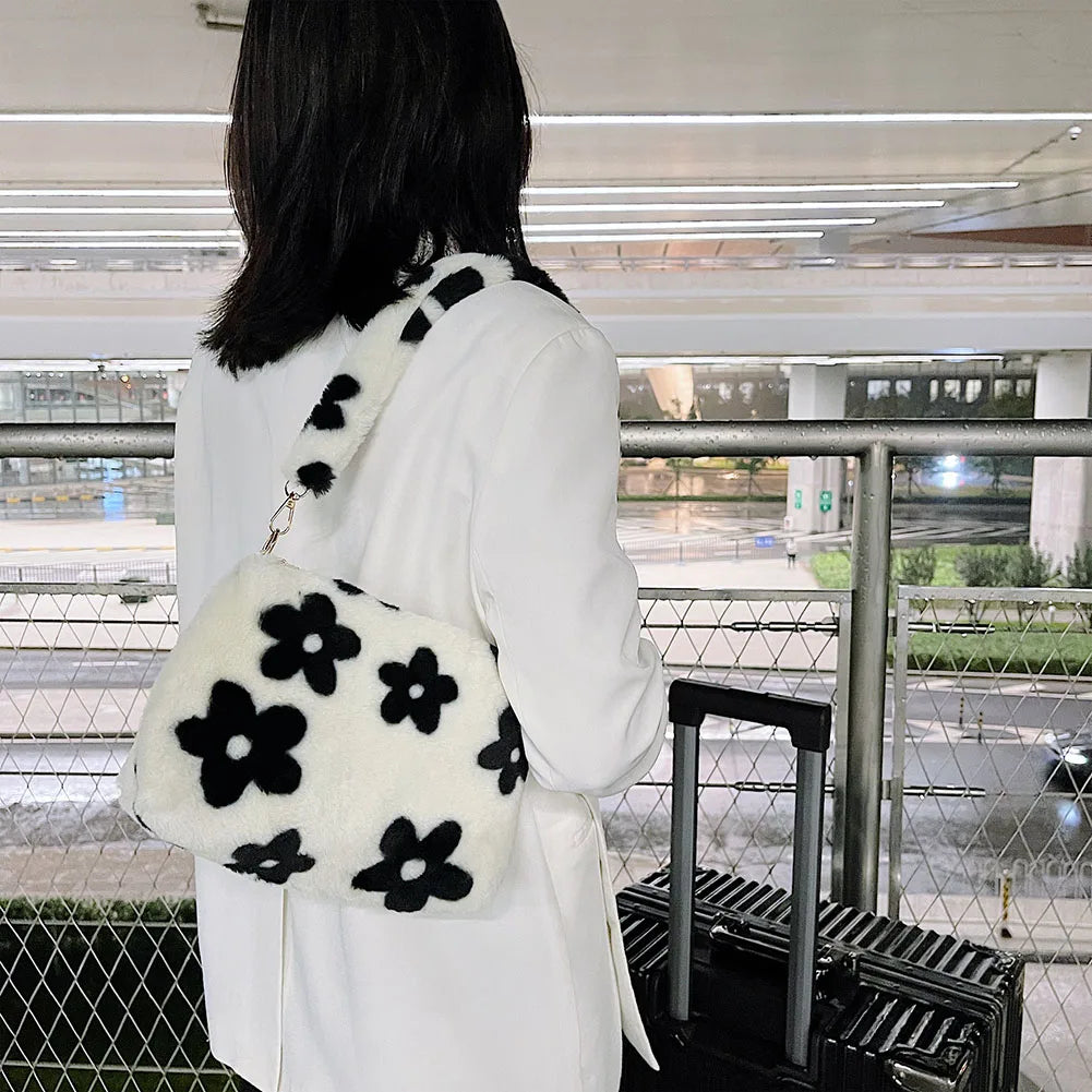 Women Flowers Print Shoulder Bag Soft Plush Underarm Bags
