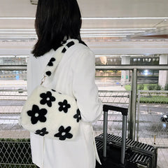 Women Flowers Print Shoulder Bag Soft Plush Underarm Bags