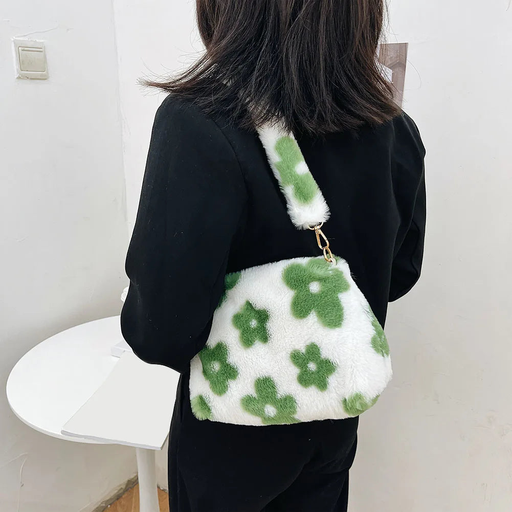 Women Flowers Print Shoulder Bag Soft Plush Underarm Bags