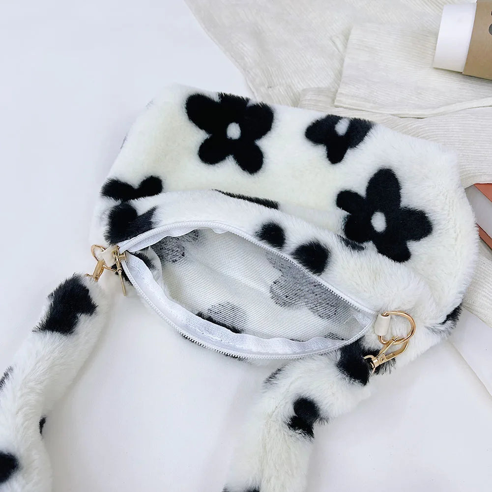 Women Flowers Print Shoulder Bag Soft Plush Underarm Bags