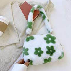 Women Flowers Print Shoulder Bag Soft Plush Underarm Bags