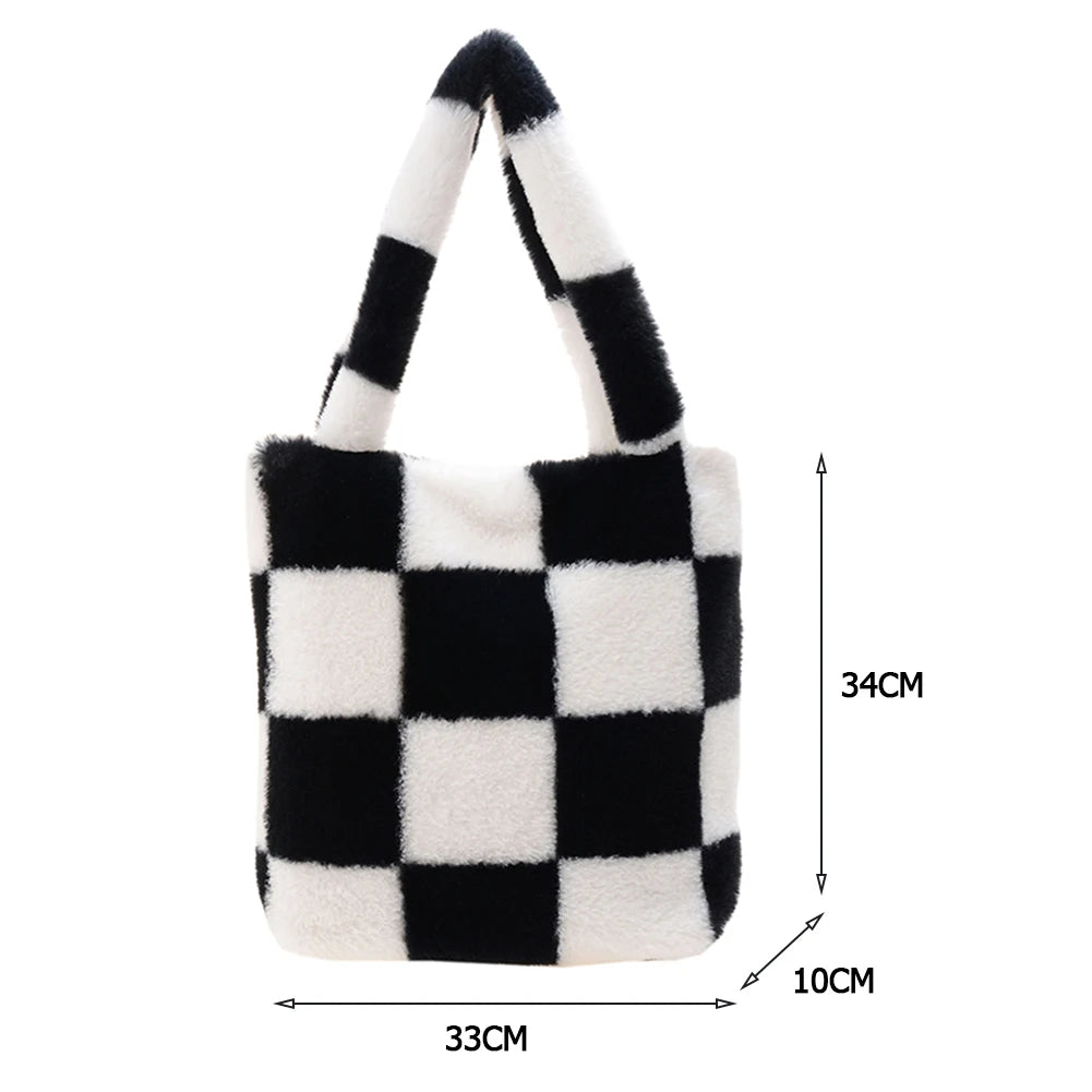 INS Women Winter Bag Checker Print Shoulder Bags Soft Plush Bucket Bags