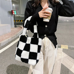 INS Women Winter Bag Checker Print Shoulder Bags Soft Plush Bucket Bags