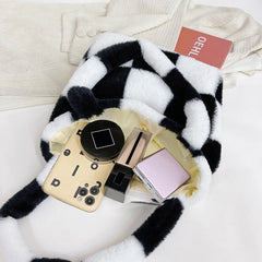 INS Women Winter Bag Checker Print Shoulder Bags Soft Plush Bucket Bags
