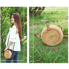 INS Ladies Hand-Woven Bag Round Rattan Retro Literary Bohemia Beach Messenger Ba