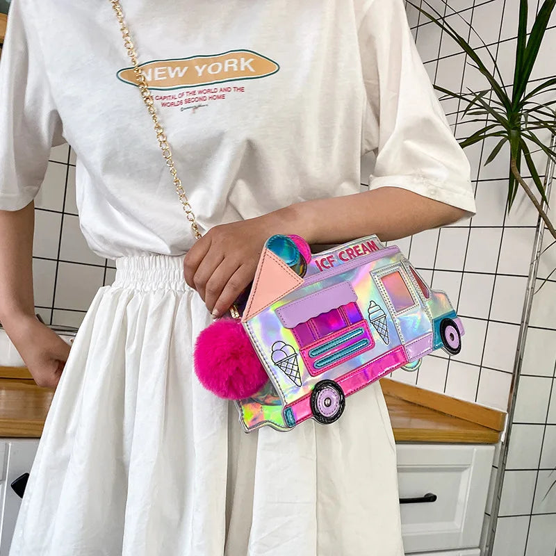 Ice Cream Car Messenger Bag Funny Personality Dazzling Laser Shoulder Bag