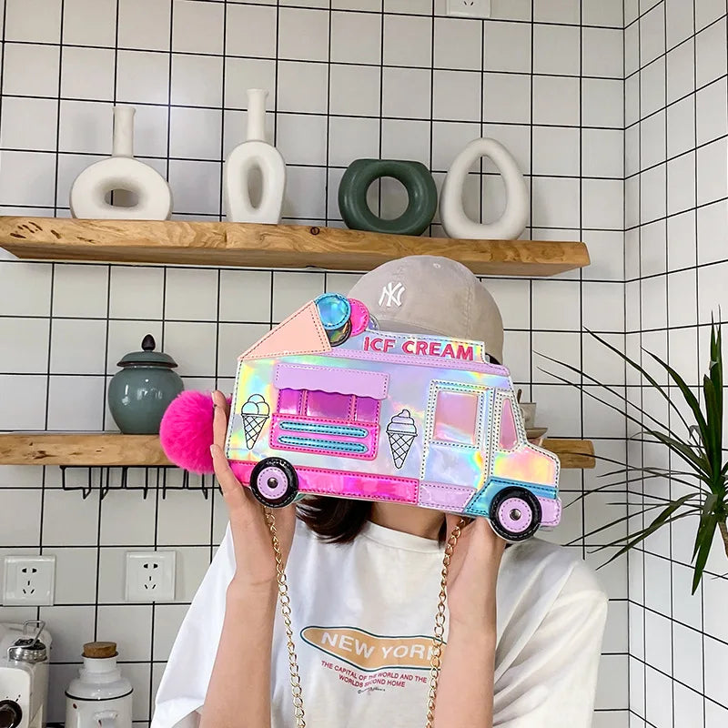 Ice Cream Car Messenger Bag Funny Personality Dazzling Laser Shoulder Bag