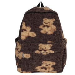 Lamb Hair Backpack Women School Bags For Teenage Girls Bears Print Bagpack