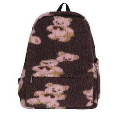 Lamb Hair Backpack Women School Bags For Teenage Girls Bears Print Bagpack