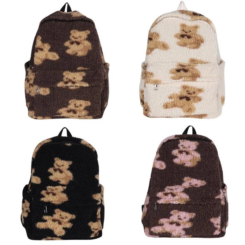 Lamb Hair Backpack Women School Bags For Teenage Girls Bears Print Bagpack