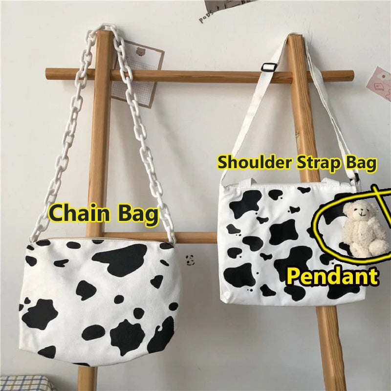 Harajuku Cow Print Bag Canvas Women Chain Messenger Bags