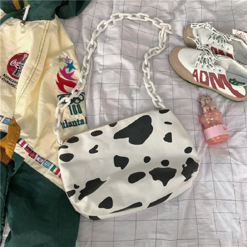 Harajuku Cow Print Bag Canvas Women Chain Messenger Bags