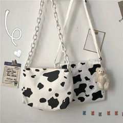Harajuku Cow Print Bag Canvas Women Chain Messenger Bags