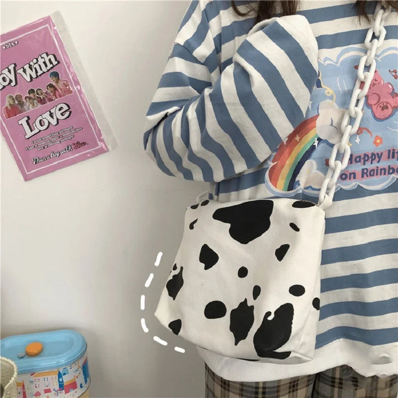 Harajuku Cow Print Bag Canvas Women Chain Messenger Bags