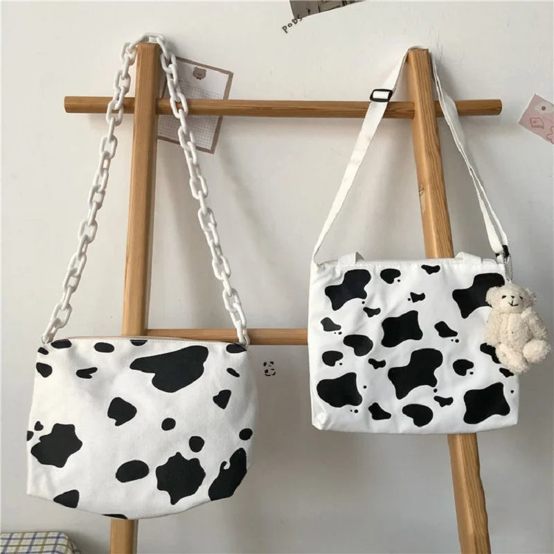 Harajuku Cow Print Bag Canvas Women Chain Messenger Bags
