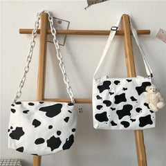 Harajuku Cow Print Bag Canvas Women Chain Messenger Bags