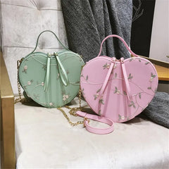 Floral Embroidery Heart Handbag Purse Shoulder Bag Chain Messenger Clutch