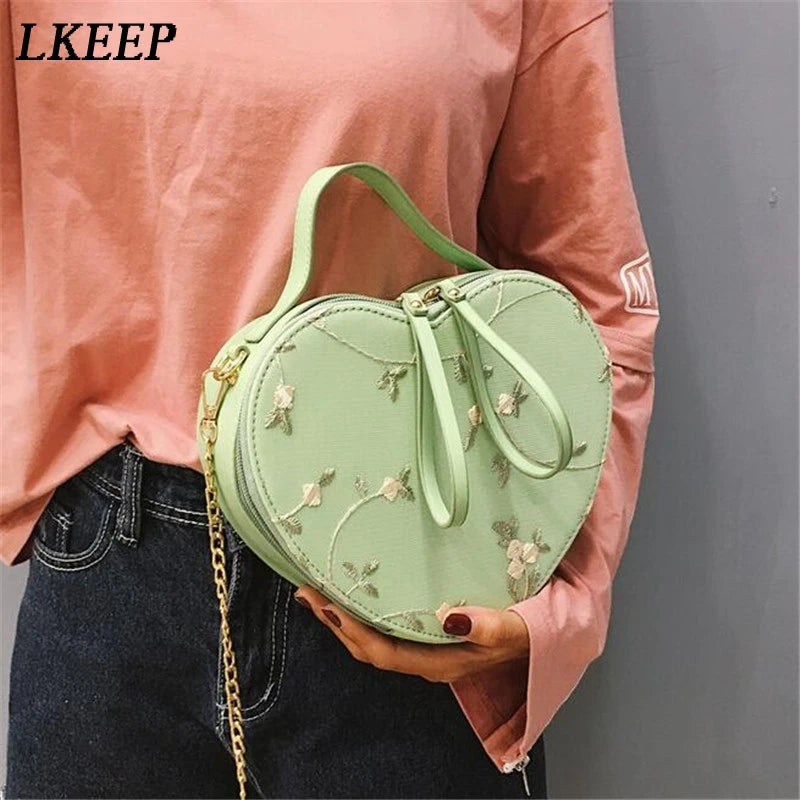 Floral Embroidery Heart Handbag Purse Shoulder Bag Chain Messenger Clutch