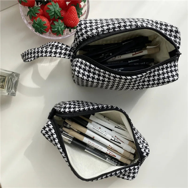 Houndstooth Cosmetic Bag Zipper Small Storage Girls Pencil Case Makeup Bags