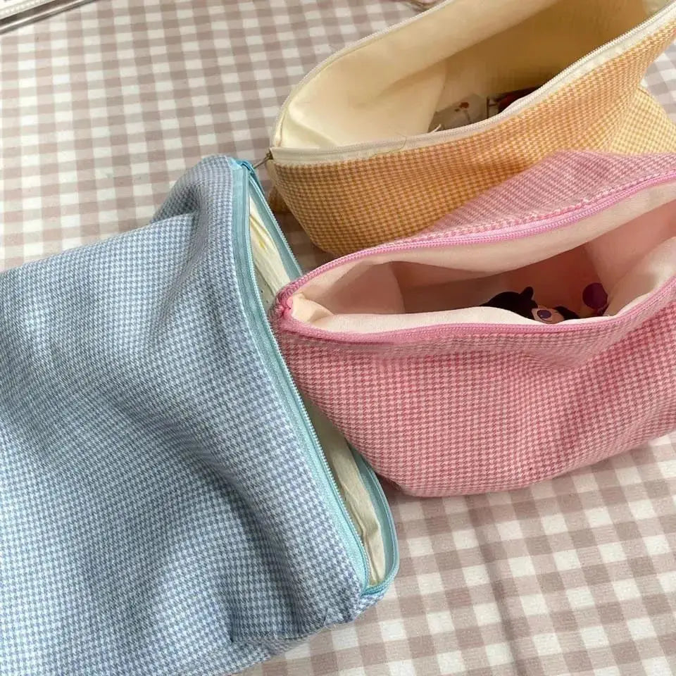 Sweet Plaid Cosmetic Bags Women Zipper Canvas Case Makeup Storage Pouch