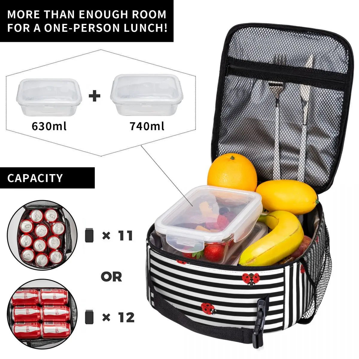 Red Ladybugs On Stripes Lunch Tote Cooler Bag