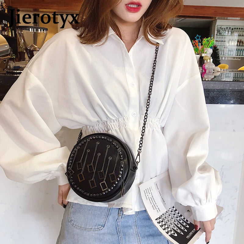 Punk Rivet PU Leather Crossbody Bags Round Chain Purse