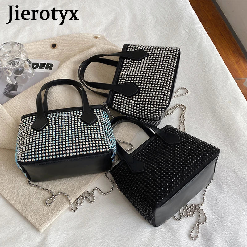 Square Rhinestone Chain Bucket Handbag for Women Evening Clutch