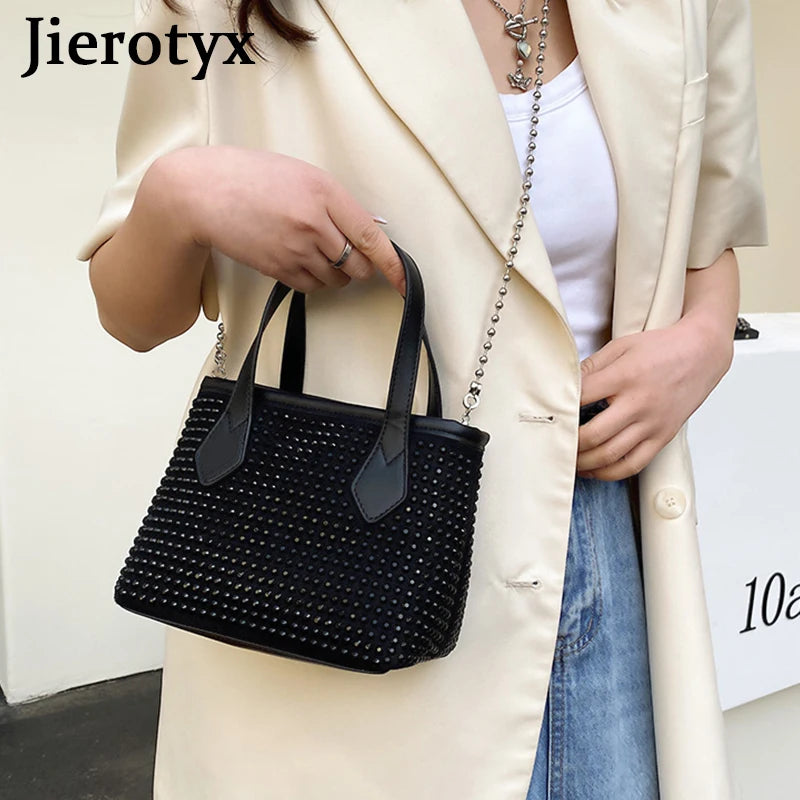 Square Rhinestone Chain Bucket Handbag for Women Evening Clutch