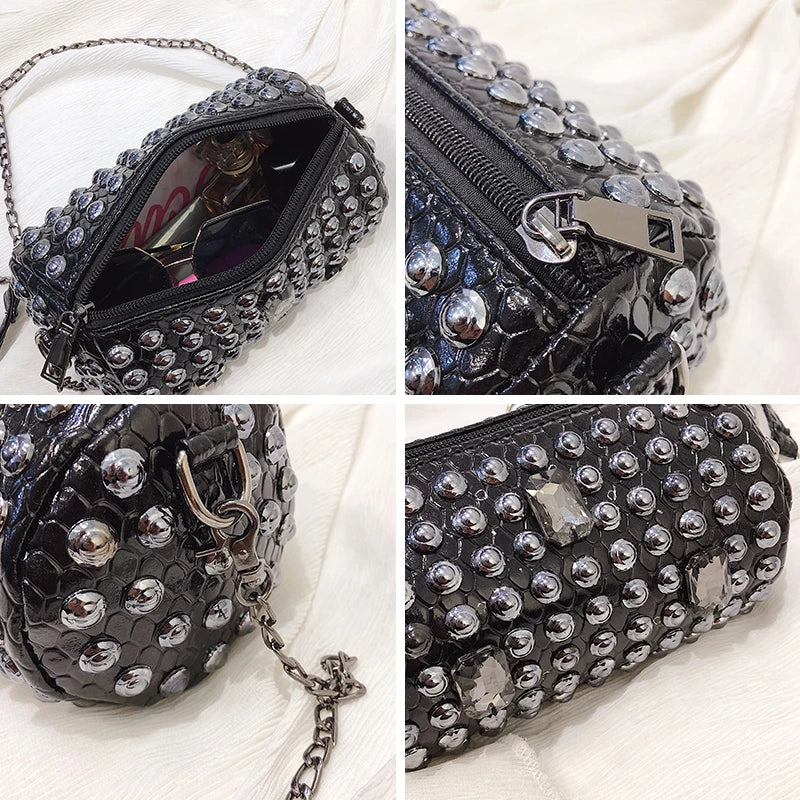 Rivet Women Messenger Bag with Chain Shoulder, Punk Style Crossbody Purse