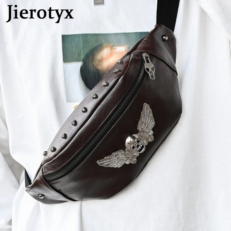 Vintage Skull Rivet Fanny Pack Waist Bag Brown