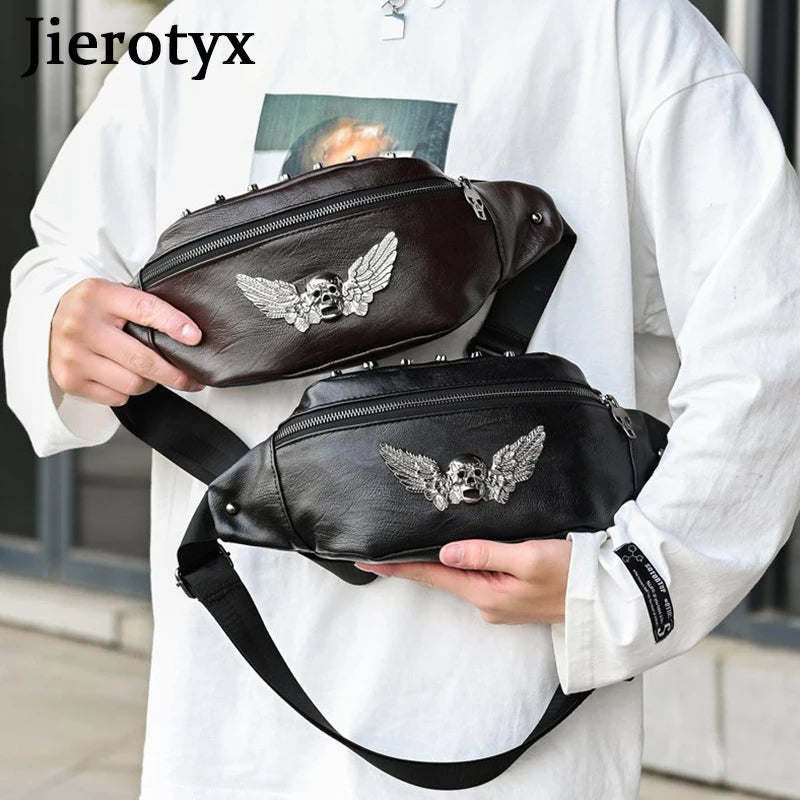 Vintage Skull Rivet Fanny Pack Waist Bag Brown