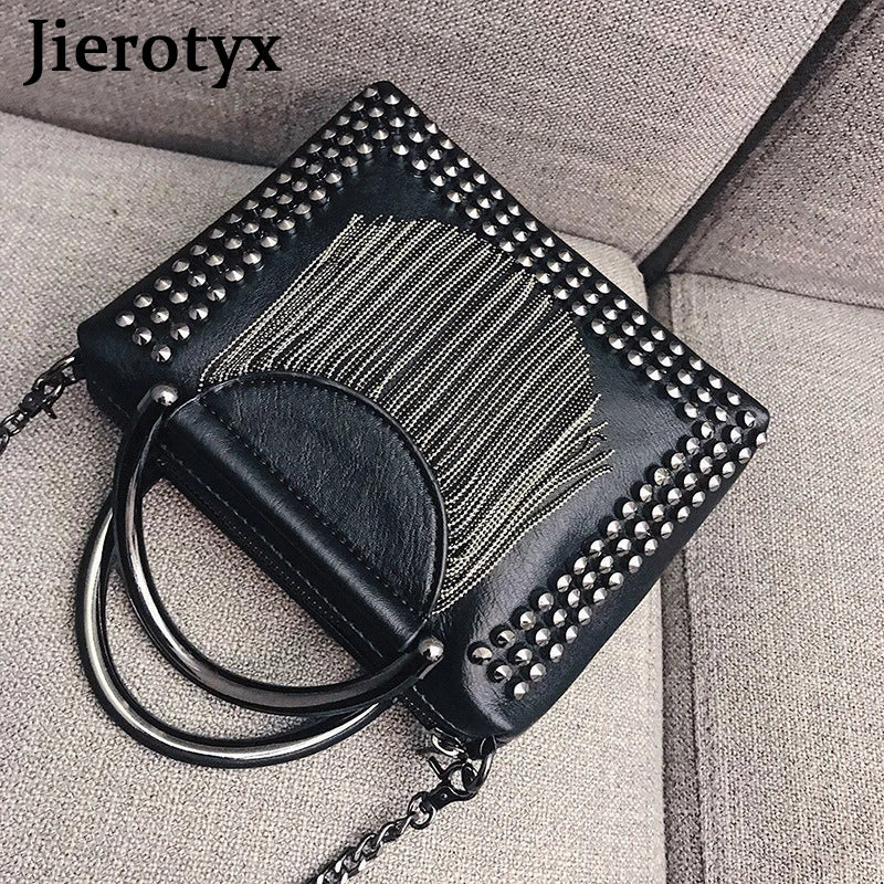 Vintage Tassel Handbag Women Crossbody Gothic Purses Studded Shoulder Bag